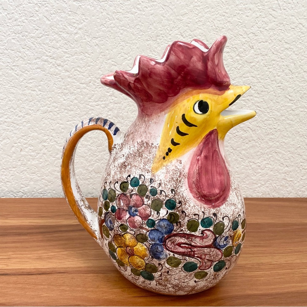 Vintage M.G.P. DERUTA Italy Handpainted Ceramic Rooster Chicken 9” Pitcher